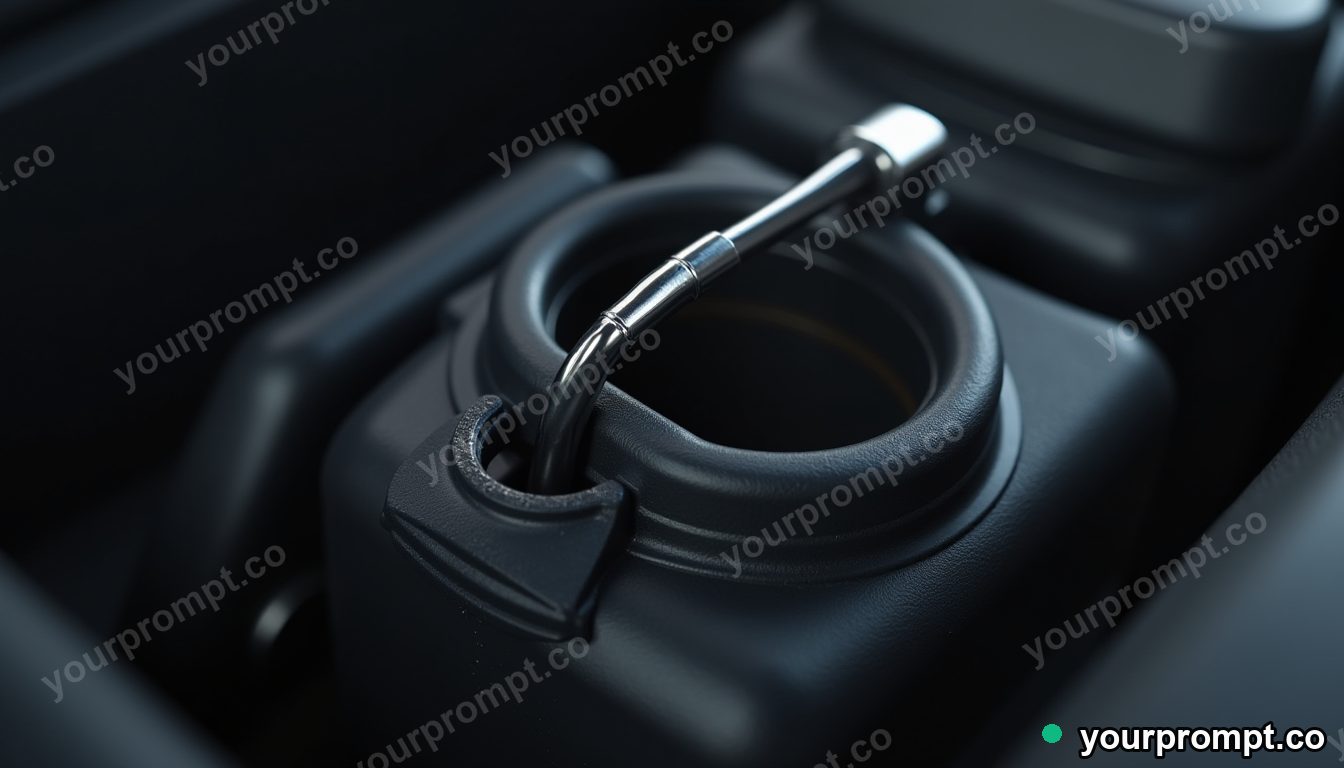 A brake fluid reservoir with a dipstick, close-up in hyperrealistic 3D render style — AI-generated image from a text prompt
