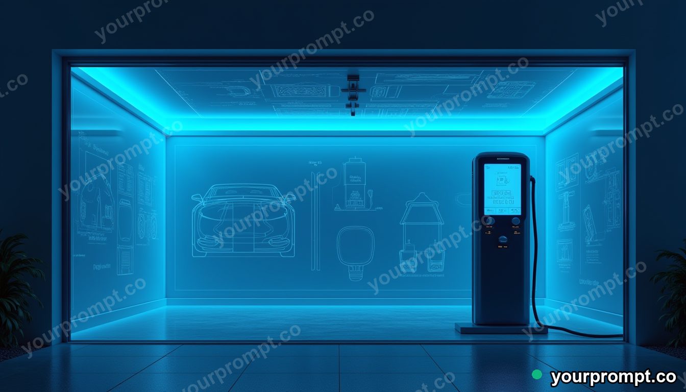 A charging station inside a modern home garage in technical blueprint illustration style — AI-generated image from a text prompt