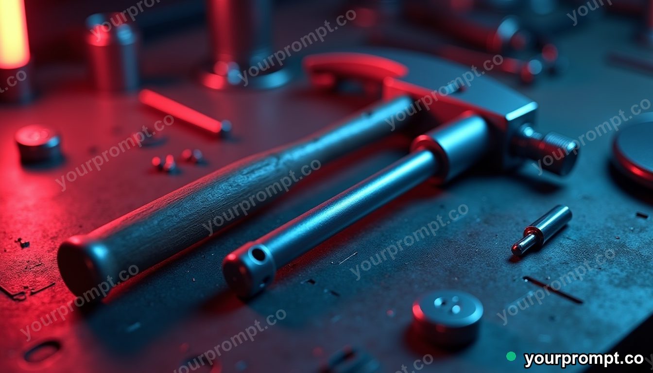 A pry bar and hammer on a steel workbench in isometric cutaway render style — AI-generated image from a text prompt