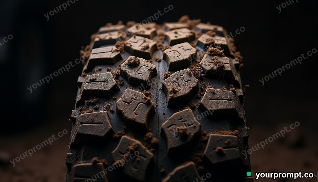 An off-road mud tire caked with dirt, macro tread in dramatic chiaroscuro photo style — AI-generated image from a text prompt