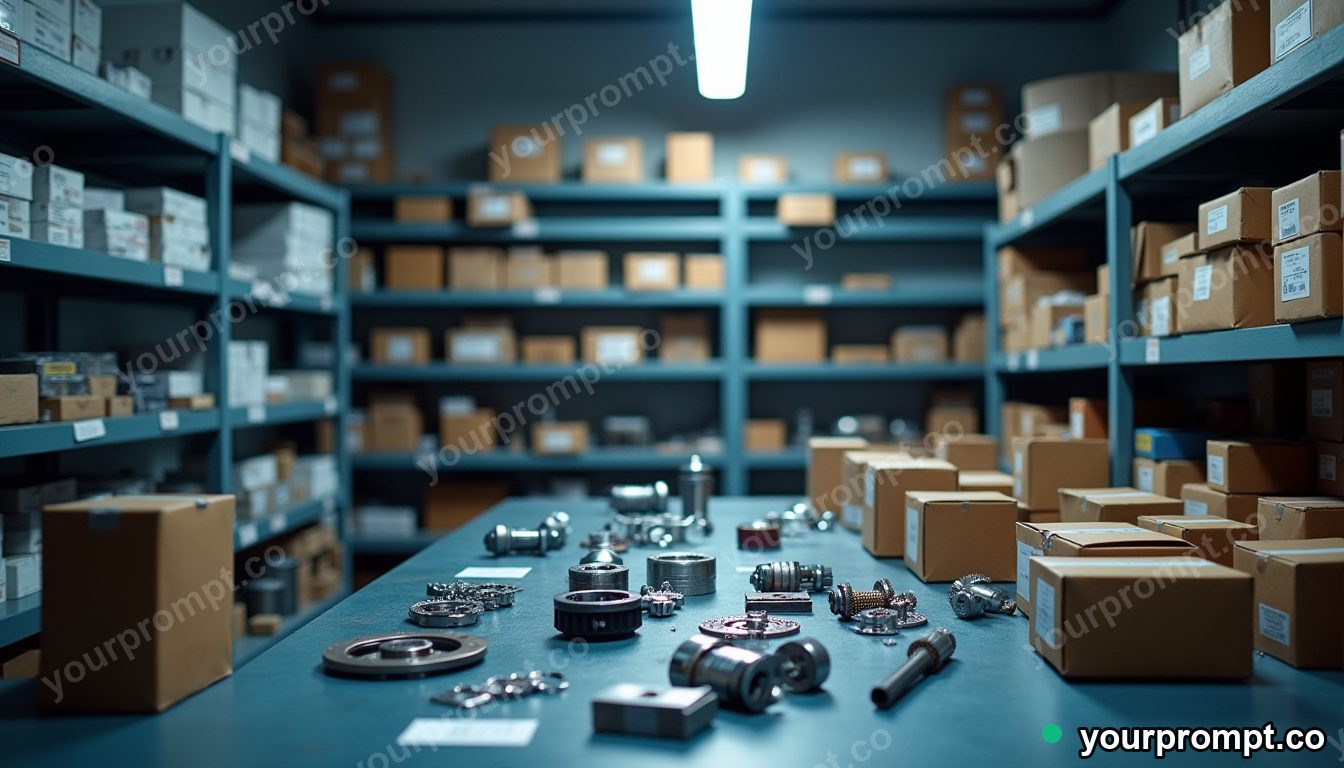 A parts counter with shelves of boxed components in clean catalog product shot style — AI-generated image from a text prompt