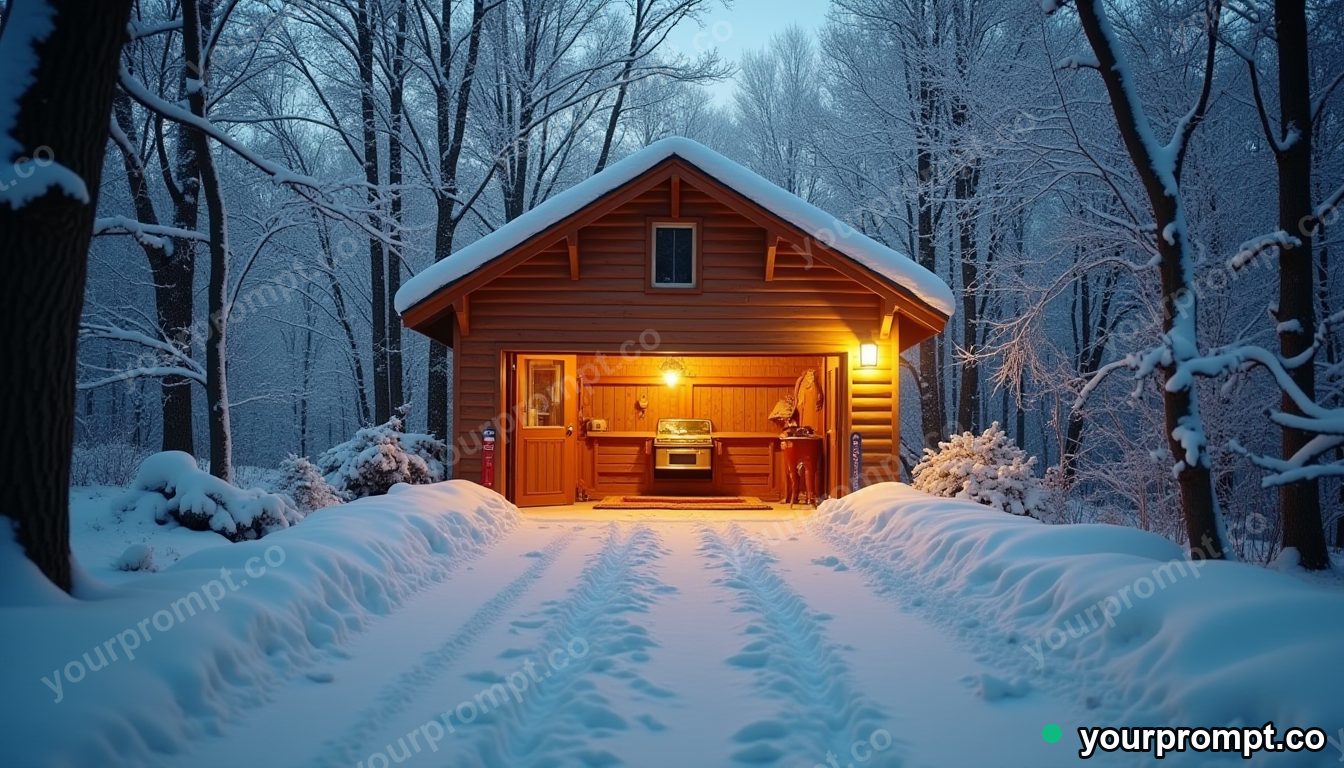 A snowy driveway leading to a warmly lit garage in extreme macro photograph style — AI-generated image from a text prompt