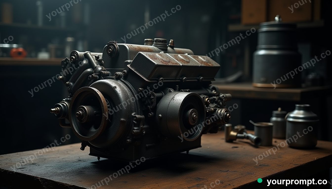 An old engine being rebuilt piece by piece on a bench in moody low-key photograph style — AI-generated image from a text prompt
