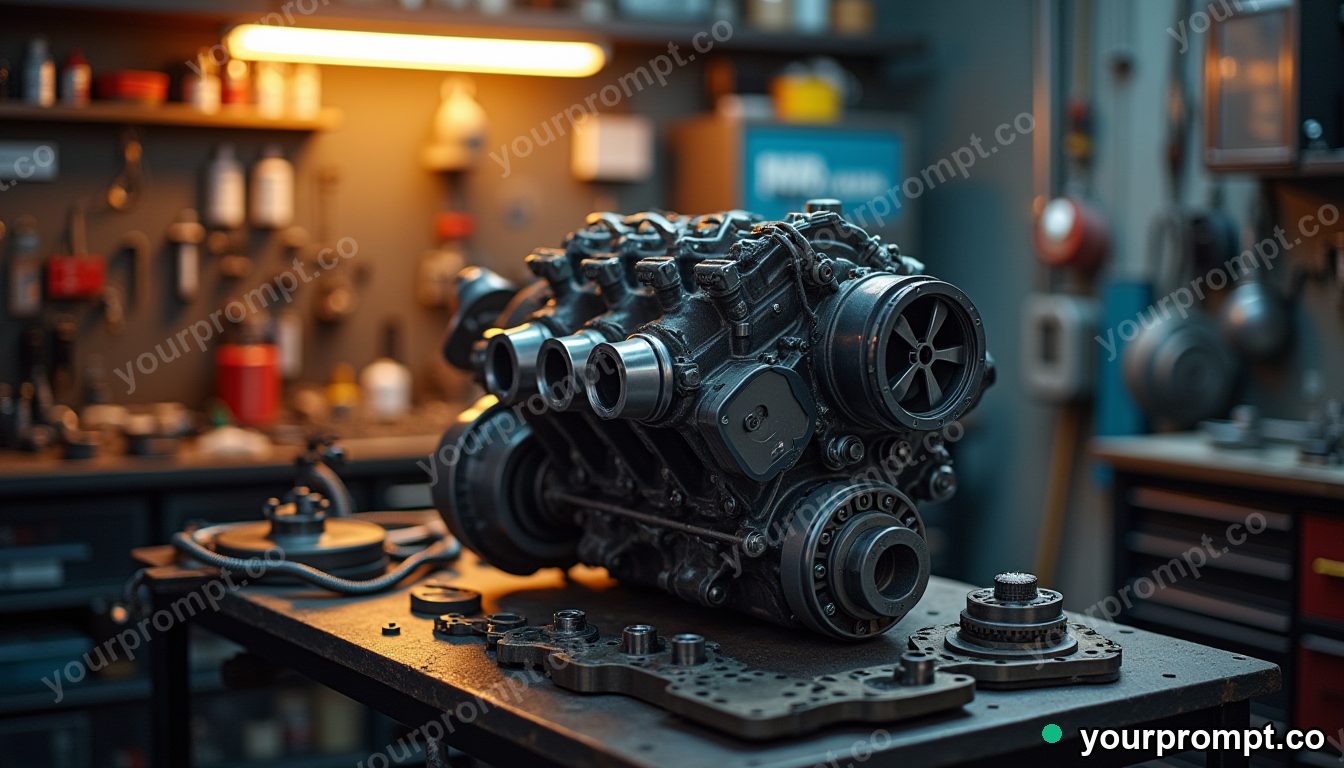 An engine rebuild bay with parts organized on a bench in golden-hour lifestyle photo style — AI-generated image from a text prompt