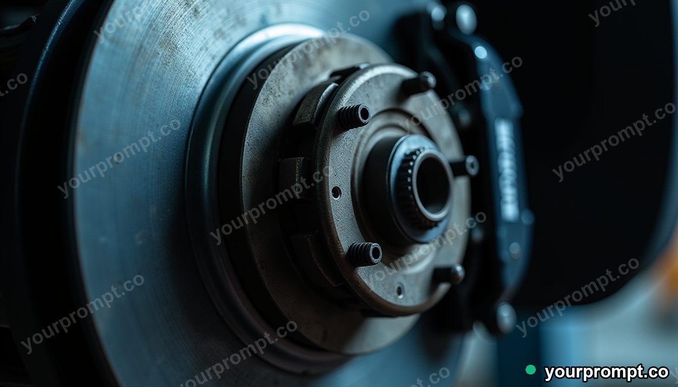 A brake disc and caliper assembly close-up in high-key bright product shot style — AI-generated image from a text prompt