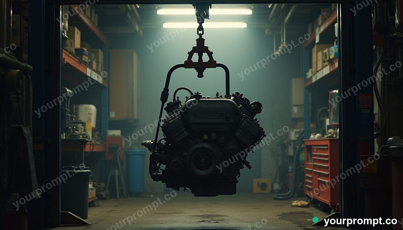 An engine hoist lifting a motor out of an engine bay in gritty documentary photo style — AI-generated image from a text prompt